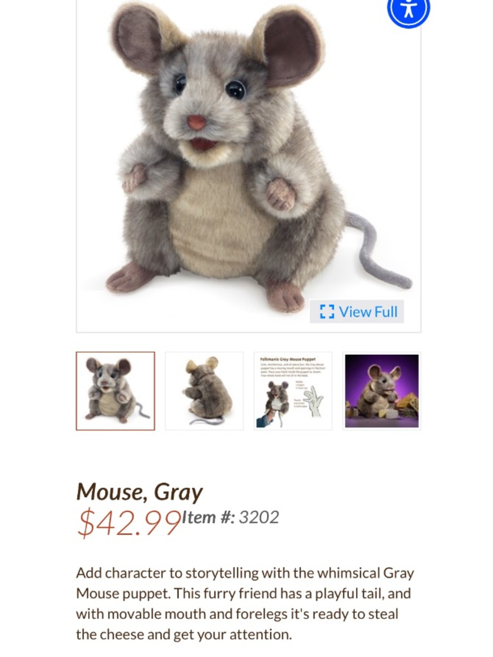 New Folkmanis Grey Mouse Puppet Plush Stuffed Animal Storytelling Animation - Picture 11 of 13